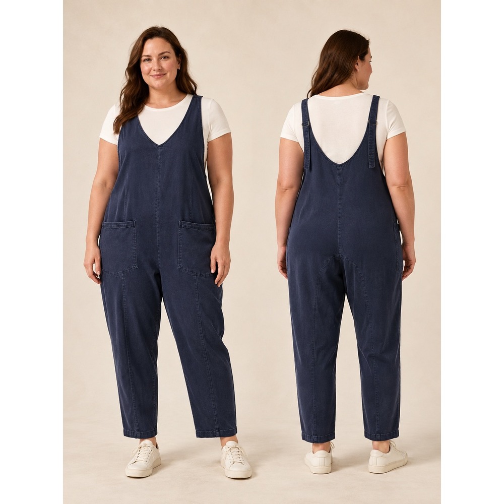 Zenana Denim Overall Jumpsuit Size L Navy Wide Leg NWT